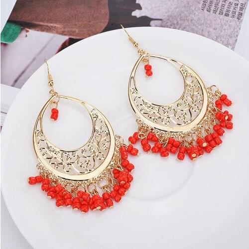Bohemia Gypsy Beads Tassel Ladies Earrings Orecchini Women Jewelry Vintage Gold Flower Alloy Wedding Earrings Hangers