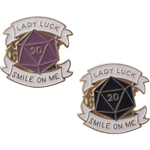 LADY LUCK SMILE ON ME Enamel Lapel Pin 20 sided dice Black Purple Badge D20 DnD Game Jewelry girl favorite shirt accessories