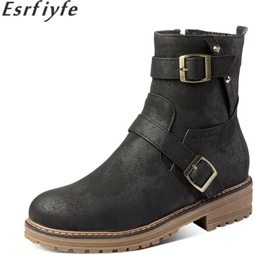 ESRFIYFE 2020 New Hot Style Autumn Winter Fashion Women Boots Round Head Thick Bottom PU Leather Waterproof Woman Martin Boots