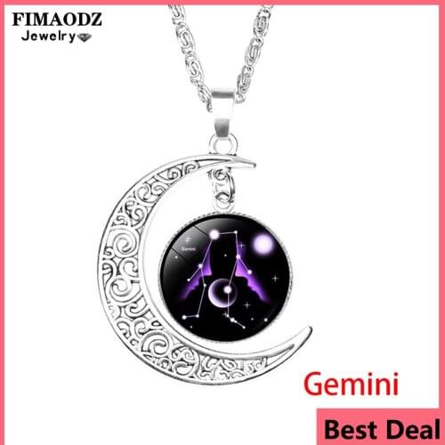 FIMAODZ 12 Constellation Necklace 2021 Fashion Zodiac Sign Glass Dome Crescent Moon Pendant Necklaces Birthday Gifts for Women