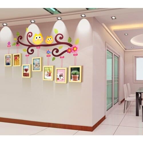 [HHT]Home Decor Solid Wood Wall Hanging Photo Frame Childrens Room Photo Wall Decoration Tree Branch Owl Stickers Free Punching