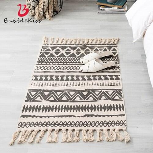 Bubble Kiss Ethnic Style Geometric Pattern Cotton Carpets for Bedroom Home Balcony Decor Soft Woven Floor Mat Tassel Design Rug
