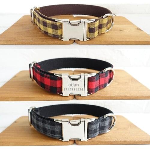 Pet Custom Personalised Dog Collar Plaid Cotton Cat Dog Collar Bowtie Nylon Durable Adjustable Collar for Small Medium Large Dog