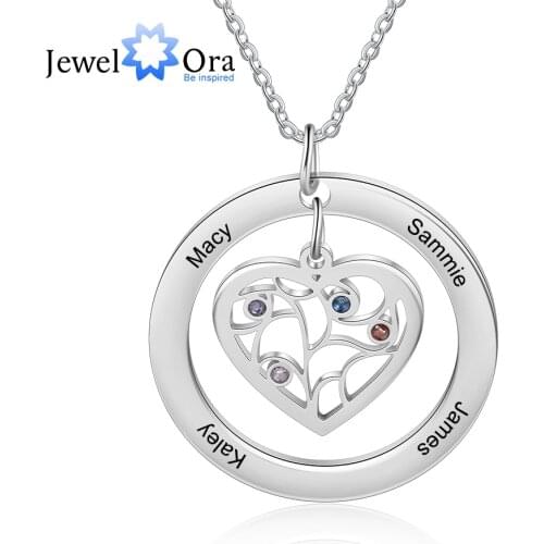 JewelOra Personalized Tree of Life Necklace with Birthstone Stainless Steel Name Engraved Pendant Family Gift for Mother Grandma