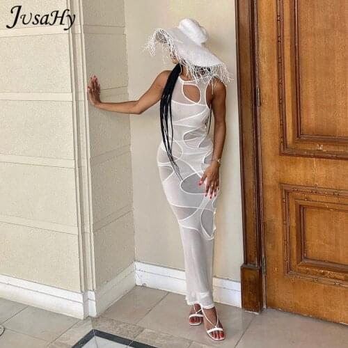 Jusahy 2021 Elegant O-Neck Solid Patchwork Mesh Bodycon Dress Women Sleeveless Fashion Sexy Party Club Autumn Winter