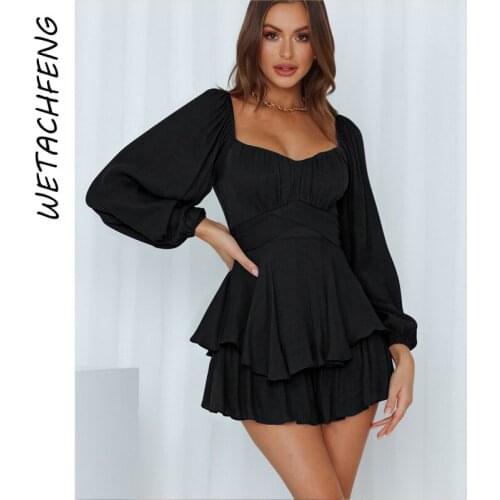 Black Women Jumpsuits Sexy Ruffles Folds Lantern Sleeve Slim Rompers Spring One Piece Outfits Overalls Playsuits Female Shorts
