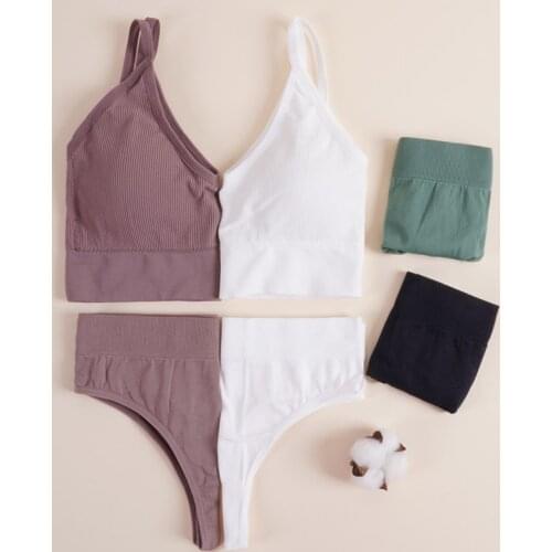 Women Bra Panties Set Sexy G-String Push Up Bra Crop Top Seamless Fitness Active Bra Thongs Female Underwear Top Lingerie Set