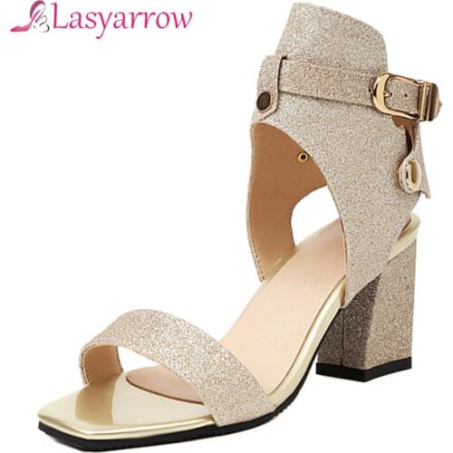 Lasyarrow 2021 Women Sandals Summer Fashion Open Toe High Heels Shoes Female Thick Heels Party Casual Females Buckle Shoes