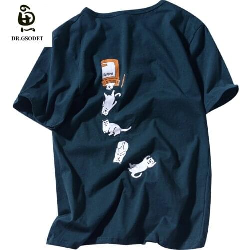 GSODET Summer Mens T-Shirt Cotton Couple Big Size Ins Tik Tok Cat Loose O-Neck Cartoon Personality Printing Short-Sleeved Tops