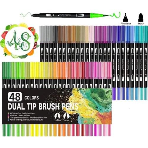 Dual Tip Brush Marker Pens 48 Colors Fine Tip Markers, Brush Tips & Colored Fine Point Pen Set Art Markers for Drawing Sketching