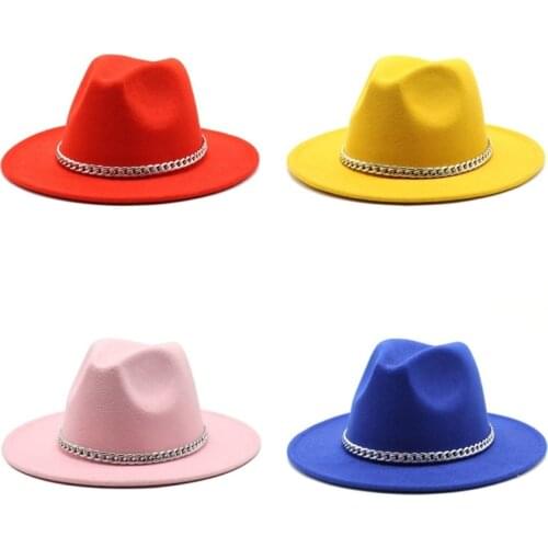 Fashion Mens Women Jazz Top Fedora Hat Chain Retro Fedoras Fuax Woolen Wide Brim Felt Cap Hats Panama Caps Autumn Winter