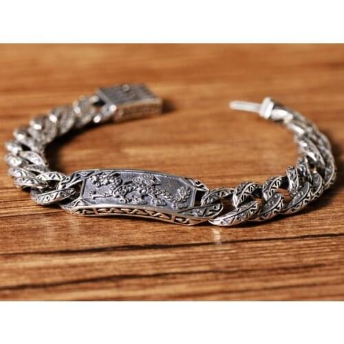 100% real S925 pure silver bracelet for men retro domineering dragon world hip hop street wind Thai silver male bracelet 11mm