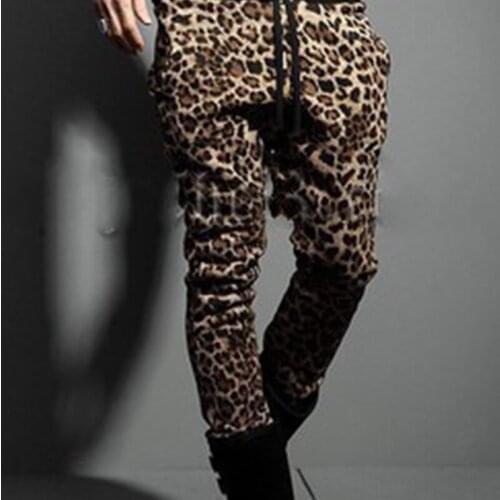 Spring Korean mens mens plus size long pants personality handsome leopard slim fit casual pants track pants