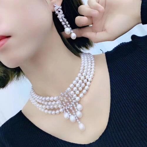 Ones set 4ROWS freshwater pearl pendant necklace +earrings white near round 7-8MM wholesale nature beads FPPJ