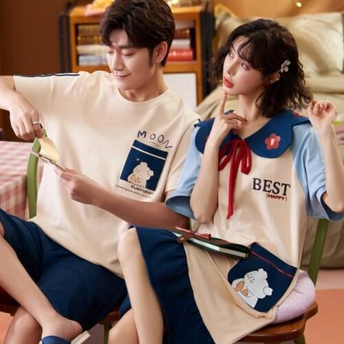 New Couple Pure Cotton Pajamas Short-sleeved Summer Shorts Set of Head Cartoon Printing Youth Leisurewear Suit Sleeping Dress