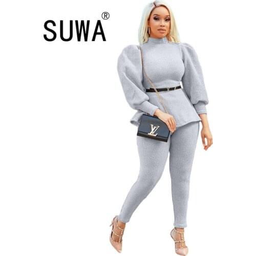 Autumn Winter Knitted Women Office Two Piece Matching Sets Long Sleeve Pullover Top High Waist Skinny Pencil Pants Wholesale