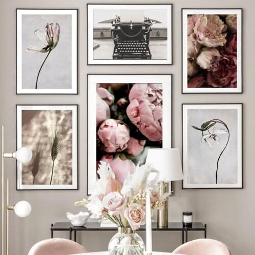 Bloom Peony Dried Flower Tulip Typewriter Wheat Nordic Poster Wall Art Print Canvas Painting Decoration Pictures For Living Room