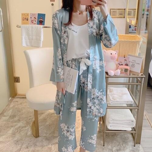 Fdfklak Silk Pajamas For Women Summer Sexy Pijama Feminino 3 Piece Set Women Long Sleeve Sleepwear Pink/Blue Print Pyjama