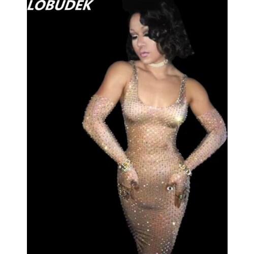 Full Rhinestones Sexy Skinny Sling Dress Prom Party Birthday Celebration One Piece Dress Star Singer Host Performance Costumes