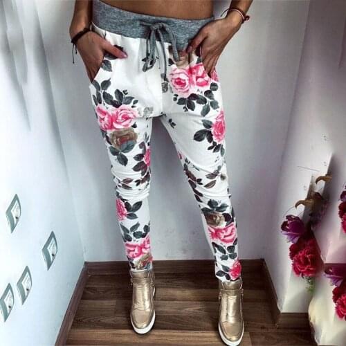 QA388 2017 new women casual pencil pants female rose print slim drawstring long palazzo spring trousers