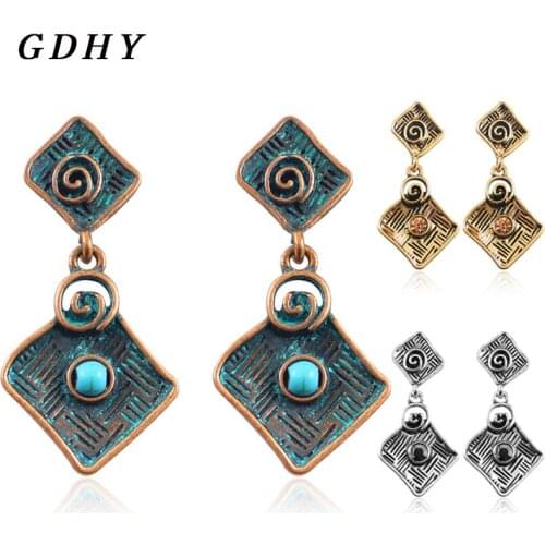 GDHY Bohemia Rhombus Earrings Antique Carved Pattern Bronze Rhombus Drop Earrings For Women 3 Colors Earring Fashion Jewelry