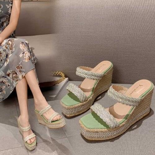 One-word slippers summer new style slope with platform high-heeled sandals fashion exquisite rhinestone womens shoes