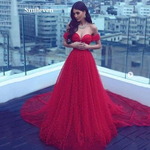 Smileven Red Pearls Tulle Prom Dresses Sweetheart Off The Shoulder Ball Gown Formal Dresses Elegant Long Party Dress