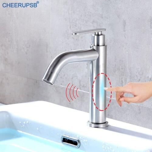Bathroom Basin Sink Smart Touch Faucet Single Cold Inductive Sensor Tap Deck Mount Stainless Steel Sensitive Faucets Auto Taps