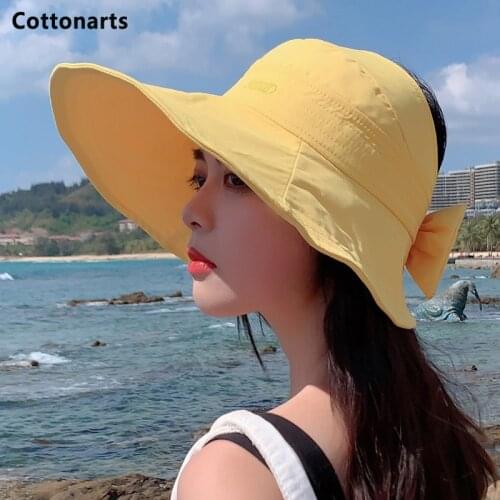 Fashion Summer Women Ponytail Empty Top Cap Wide Brim Anti-UV Bowknot Beach Hat Lady Foldable Cotton Visor Travel Sunscreen Caps