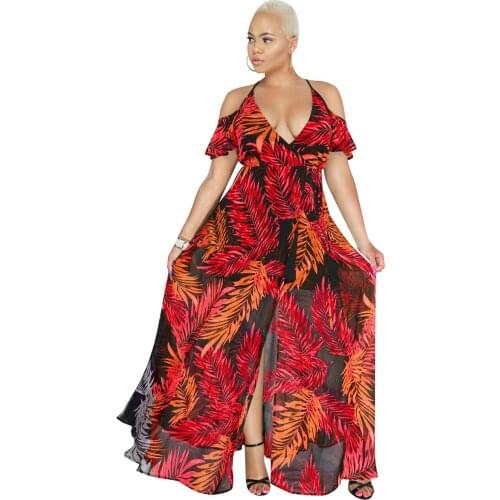 S-XL Women Cold Shoulder Floral Maxi Bohemian Split Dress