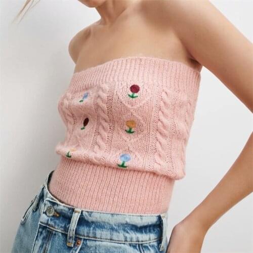 Women 2021 Fashion Jacquard Mesh Cropped Knitted Sweater Vintage Straight-cut Neck Female Pullovers Chic Tops