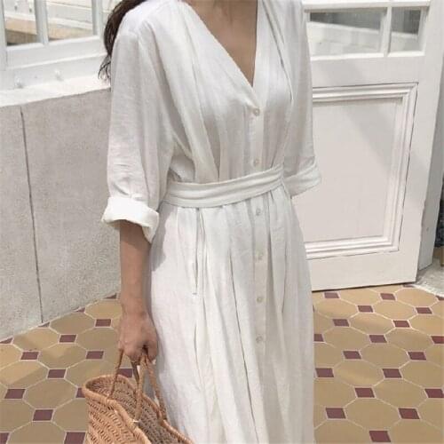 Johnature Summer New V-neck All Match Loose Solid Color Women Dresses 2021 Korean Single-breasted Bandage Shirt Dress