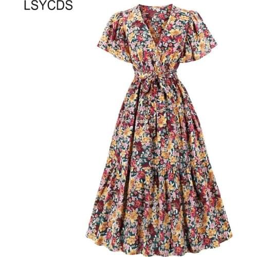 LSYCDS Elegant Women Party Dress Colorful Floral Print V Neck Wrap Flare Sleeve High Waist Clothing Belted Vintage Long Dresses