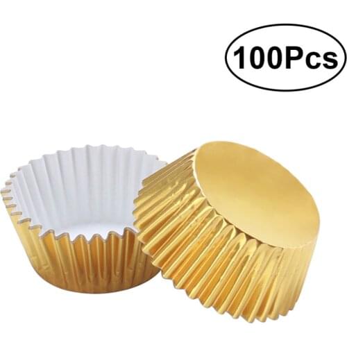 100pcs Aluminum Thickened Foil Cups Cupcake Liners Mini Cake Muffin Molds Baking Molds (Golden)
