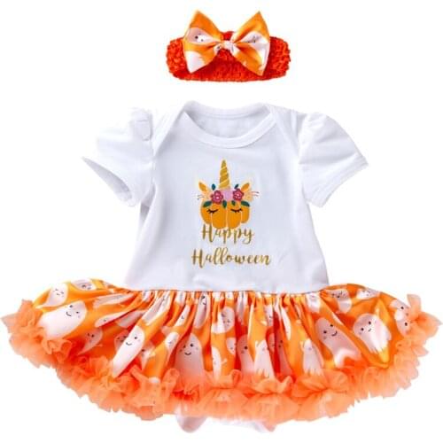 Halloween Pumpkin Print Baby Girls Clothing Sets Cotton Long Sleeve Rompers Short Skirt Headband 2pcs Baby Girl Clothes