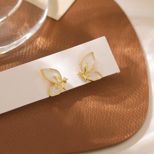 2021 korean fashion small white crystal butterfly stud earrings for women girls piercing elegant aretes boucle oreille femme