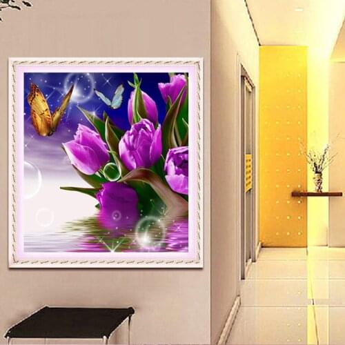 5D DIY Diy Diamond Painting Cross Stitch Kit Diamond Embroidery Sets Tulips And Butterflies Crafts Needlework Full Rhinestone