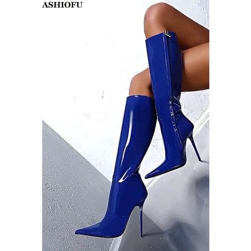 ASHIOFU Handmade New Ladies High Heel Boots Pointed-toe Sexy Club Party Mid-calf Boots Dress Evening Fashion Winter Boots Shoes