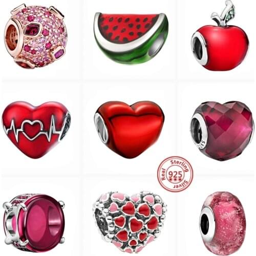 New 925 Silver Hand Painting Red Zircon Watermelon ECG Graph Beads Fit Original Pandora Charm Bracelet Bangles Women DIY Jewelry