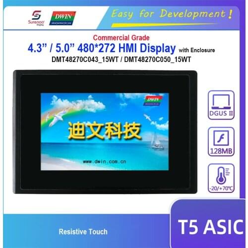 Dwin T5 HMI Display, DMT48270C043_15WT DMT48270C050_15WT 4.3" 5.0" RS232 485 480X272 LCD Module Resistive Touch Screen Enclosure