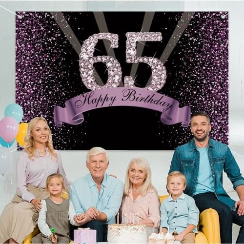 Happy 65th Birthday Backdrop for Women Happy Sixty-Five Years Old Birthday Party Background Shining Glitter Purple Party Banner