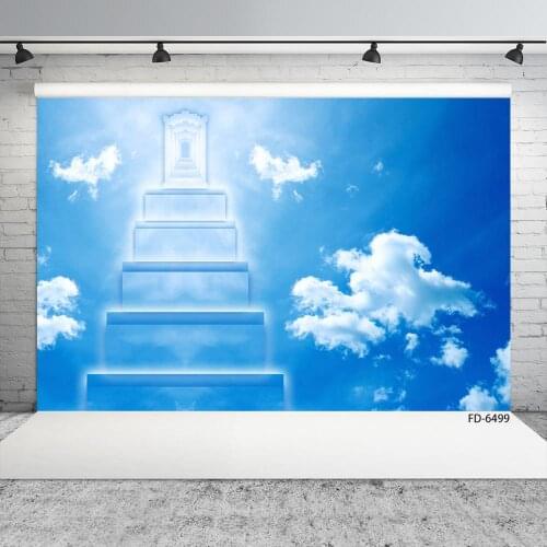 Blue Sky Stairs Door Photo Backdrop Computer Printed Background for Portrait Toy Children Baby Pets Photocall Photography Props