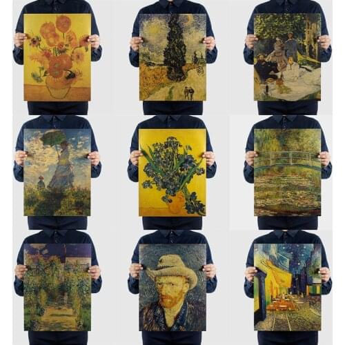 Van Gogh Oil Painting Cafe Decorative Painting Nostalgic Home Decoration Retro Kraft Paper Poster Painting Wall Stickers 36*47cm