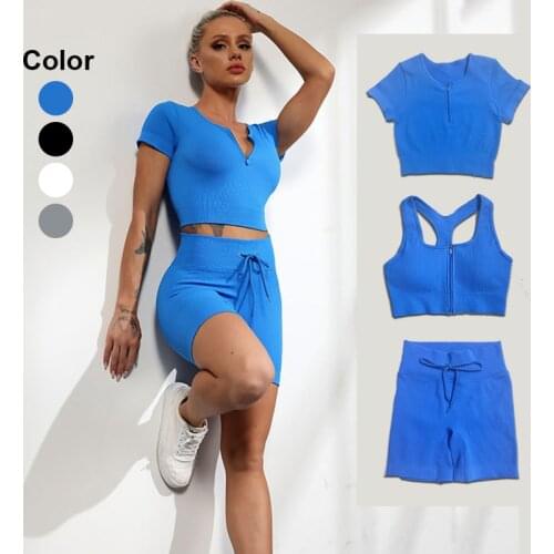 Women Yoga Set With Zipper Gym Suits Wear Seamless Bra Top Drawstring Sports Shorts Fitness Clothing Sexy Workout Tracksuit