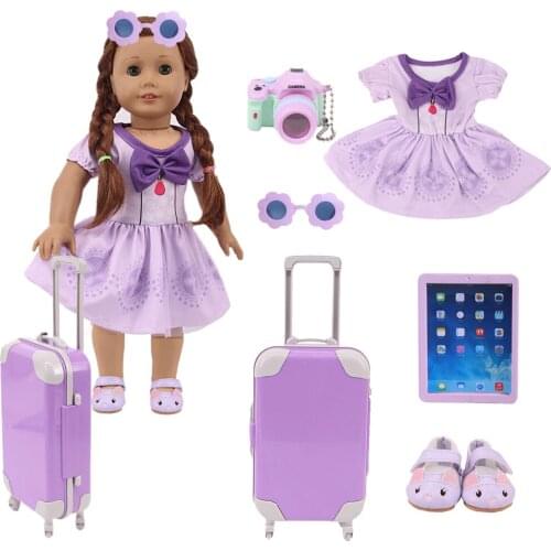 Doll Clothes Travel Suit Long Dress+Accessories Kitty Sneakers Laptop Socks Fit 18 Inch American 43cm Baby Doll Birthday GiftToy