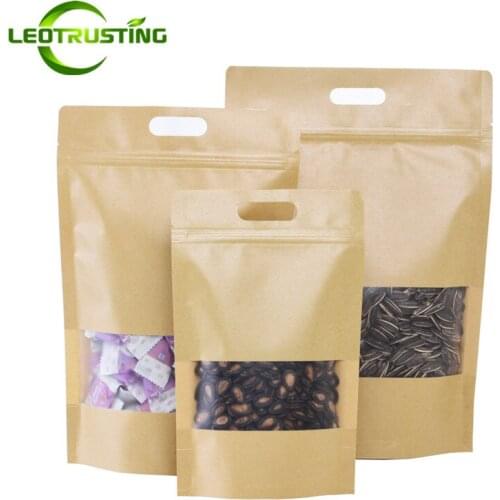 Leotrusting 50pcs/lot Stand up Kraft Paper Window Zip Lock Bag Coffee Snack Bakery Beef Packaging Bag Paper Wedding Gift Bag
