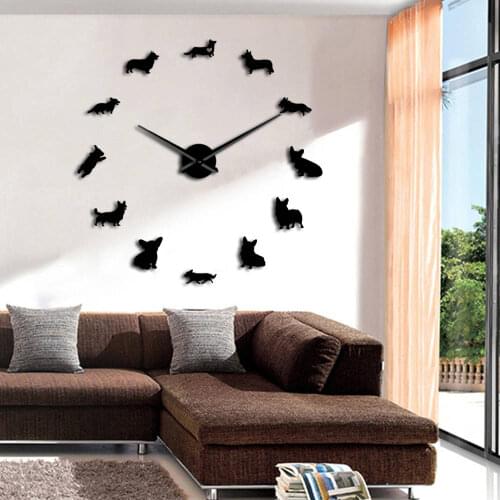English Welsh Corgi Wall Decoration DIY Wall Clock Large Big Mirror Effect Frameless Clocks Modern Design Dog Wall Decor