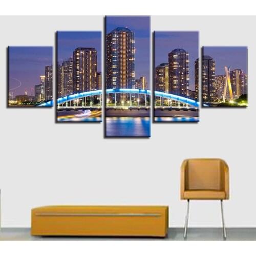 Wall Poster Modern HD Printing Decor 5 Pieces City Building Ablaze With Lights Pictures Night Scene Art Modular Canvas Paintings