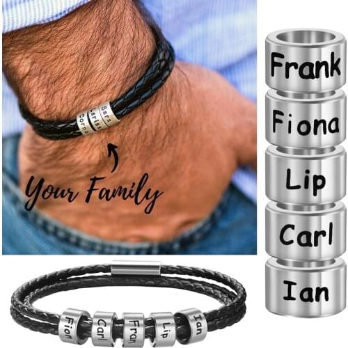 Personalized Stainless Steel Custom Family Names Bead Charms Bracelets Genuine Leather Braided Rope Bangle Men&Women Gift SL-165