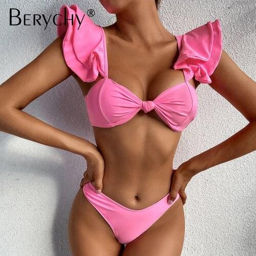 Dropship Sexy Bikini Set Off Shoulder Solid Ruffle Bikini Mujer 2021 New Swimwear Women Swimsuit Brazilian Thong Biquini Push Up